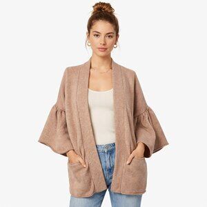 Lou Grey Cardigan Sweater Women Small Open Front Bell Sleeve Pockets Knit Boho